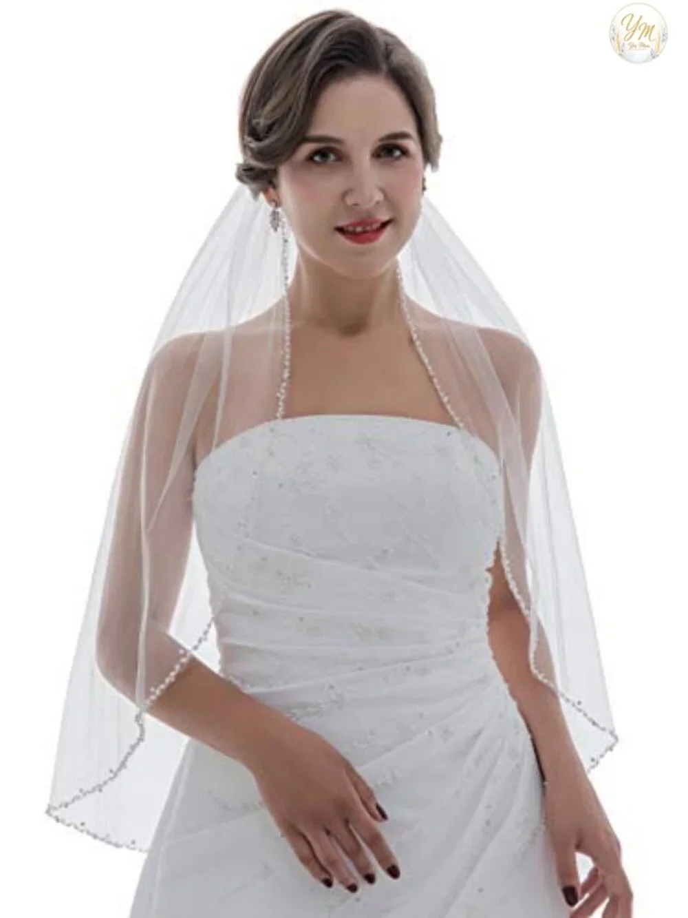Wavy Crystal Pearl Beaded Wedding Veil Elbow Length 30